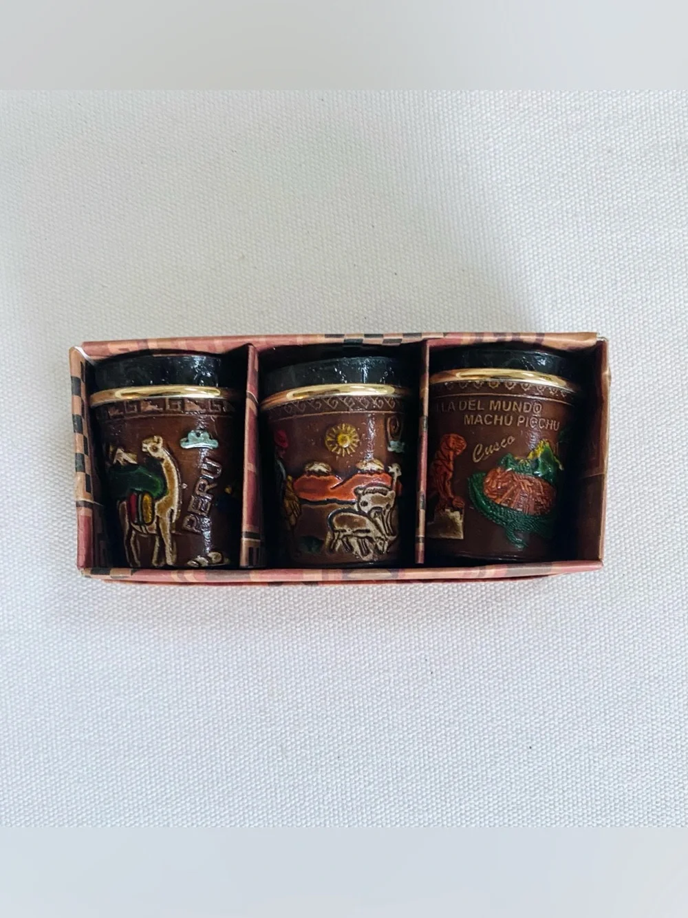 VTG INKAS PERU Handcrafted Leather Wrapped Shot Glasses Souvenir Set of 3 in Box